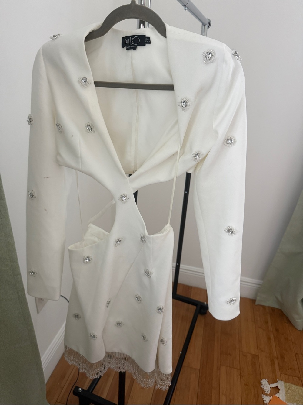PatBO White Crystal-Appliqué Cutout Mini Dress